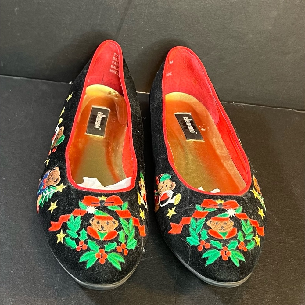 ellemenno Black Flats with Red Lining and Multicolor Holiday Embroidery